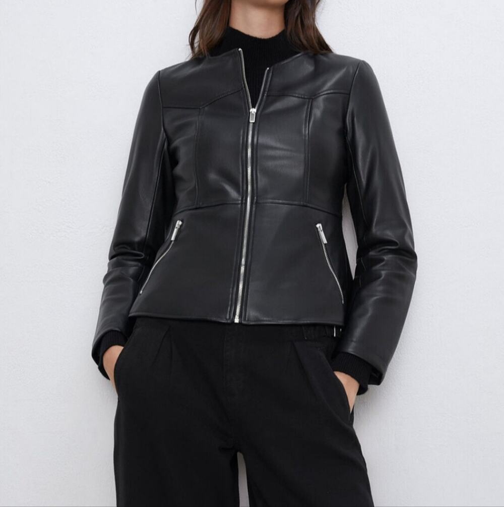 Zara Black Faux Leather Collarless Moto Biker Jacket Full Zip Fitted Small